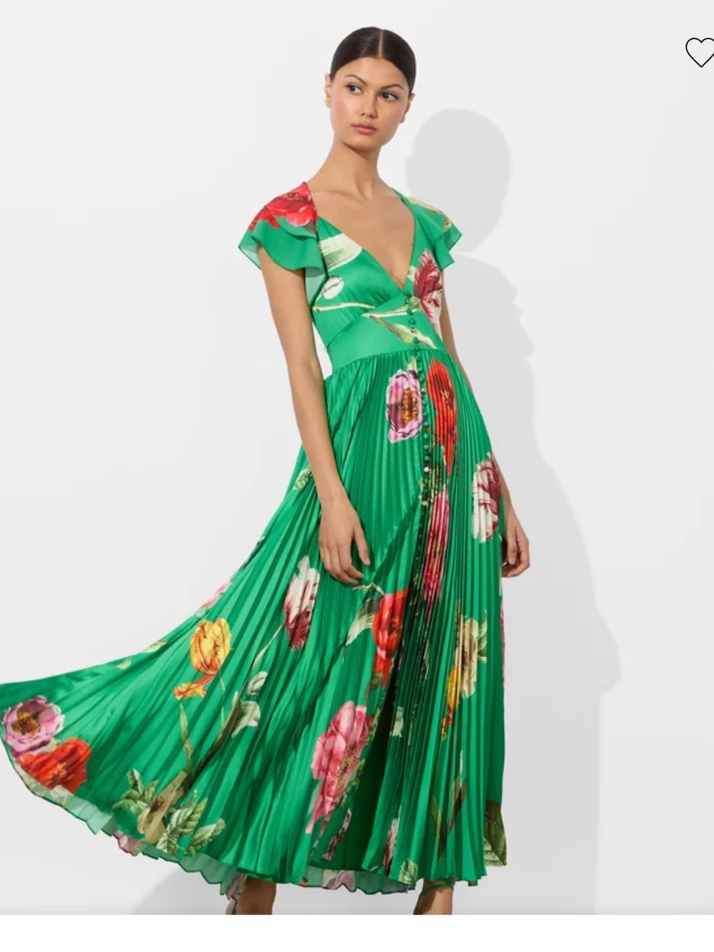 Alice + Olivia Green Floral Pleated Maxi Dress with Multicolor Blooms